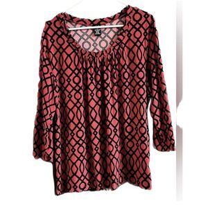 Rafaella Black White Patterned Long Sleeve Scoop Neck Blouse Womens Size 2X